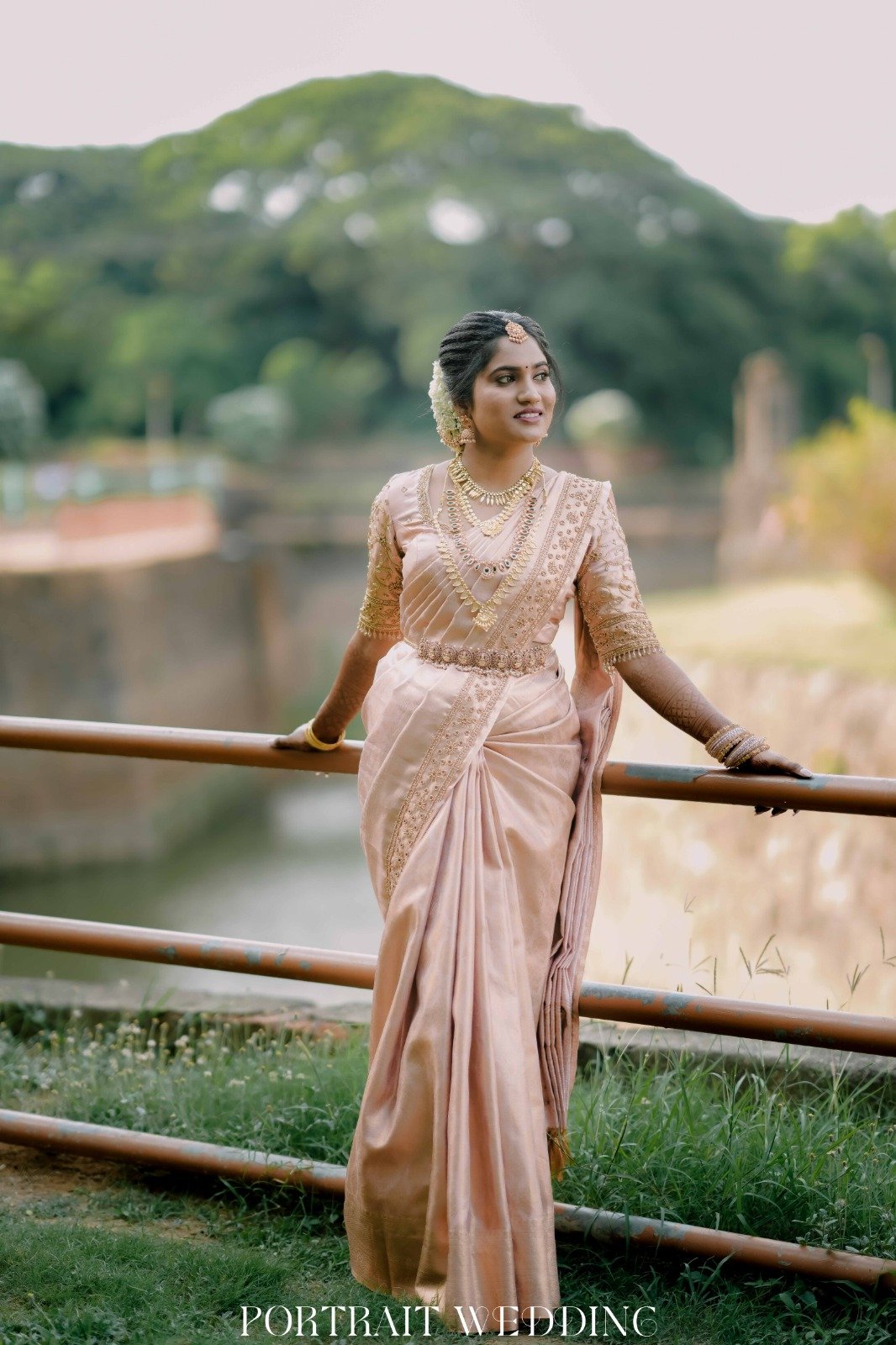Bride Leaning on Railing Serene Look